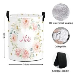 Blush Pink Gold Floral Laundry Hamper Personalized With Name Canvas Waterproof Storage Bin With Handle For Kids Nursery Hamper Gift Baskets Home Organizer -Safavieh Furniture 414c0KEBUYL