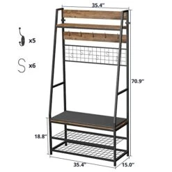 Cozy Castle Hall Tree With Shoe Bench For Entryway, 5-in-1 Design Coat Rack With Shoe Storage And DIY Hooks, Industrial Accent Clothes Rack With Metal Frame, Cushion Included, Rustic Brown -Safavieh Furniture 414txRXGCGL