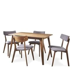 Christopher Knight Home Megann Mid-Century Wood Dining Set With Fabric Chairs, 5-Pcs Set, Natural Walnut / Dark Grey