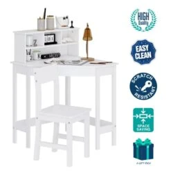 UTEX Kids Desk,Wooden Study Desk With Chair For Children,Writing Desk With Storage And Hutch For Home School Use,White -Safavieh Furniture 415FBF8iL7L