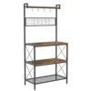 C&AHOME Kitchen Bakers Rack, Baker's Rack, 3 Tiers Microwave Oven Stand With High Display Shelf, Storage Rack With 7 S Hooks, 2 Wooden Shelves And Mesh Panel, Adjustable Feet, Rustic Brown UBRMW03RB