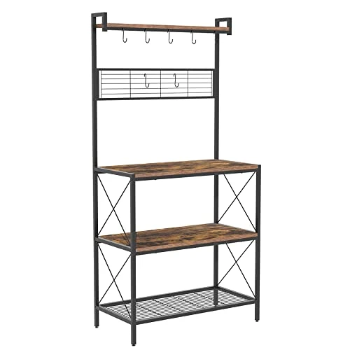 C&AHOME Kitchen Bakers Rack, Baker's Rack, 3 Tiers Microwave Oven Stand With High Display Shelf, Storage Rack With 7 S Hooks, 2 Wooden Shelves And Mesh Panel, Adjustable Feet, Rustic Brown UBRMW03RB 1 C&AHOME Kitchen Bakers Rack, Baker's Rack, 3 Tiers Microwave Oven Stand With High Display Shelf, Storage Rack With 7 S Hooks, 2 Wooden Shelves And Mesh Panel, Adjustable Feet, Rustic Brown UBRMW03RB