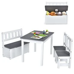 Costzon Kids Table And Chair Set, Wood Activity Table With Toy Storage Bench & 2 Chairs For Children Reading, Arts, Crafts, Snack Time, Homework, Playroom, Toddler Table And Chair Set (Grey)