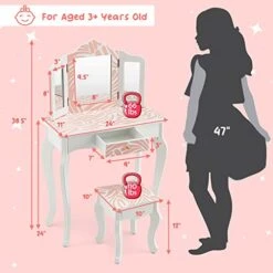 Costzon Kids Vanity Table And Chair Set, Girls Vanity Set With Mirror And Stool, Storage Drawer, Wooden Princess Makeup Dressing Table, Toddler Vanity, Pretend Play Vanity Set For Little Girls 15 Costzon Kids Vanity Table And Chair Set, Girls Vanity Set With Mirror And Stool, Storage Drawer, Wooden Princess Makeup Dressing Table, Toddler Vanity, Pretend Play Vanity Set For Little Girls -Safavieh Furniture 415iDKf946L
