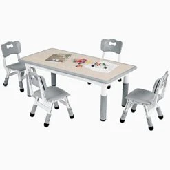 Arlopu Toddler Table And Chair Set Height Adjustable, Kids Activity Table For Reading, Drawing, Eating, Studying, Parent-Child Interaction, Max 220lbs (Grey)