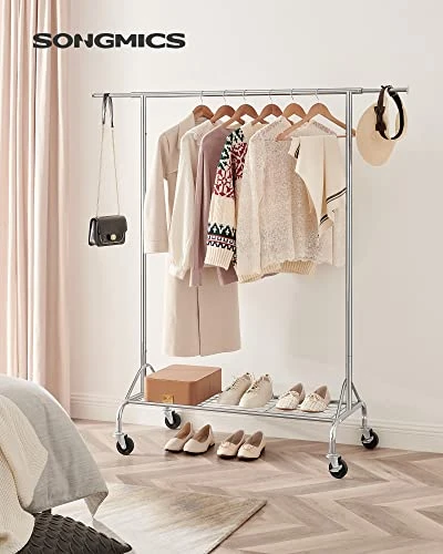 SONGMICS Heavy Duty Metal Clothes Rail With Shoes Shelf, Maximum Load Of 50 Kg, One Rod, Silver 2 SONGMICS Heavy Duty Metal Clothes Rail With Shoes Shelf, Maximum Load Of 50 Kg, One Rod, Silver - Image 2