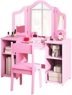 Costzon Kids Vanity, 2 In 1 Princess Makeup Desk Dressing Table With Detachable Top, Toddler Vanity With Tri-fold Mirror & Storage Shelves, Pretend Play Vanity For Little Girls, White -Safavieh Furniture 415uxS3lkIL. AC