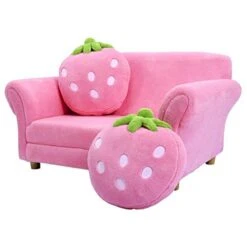 Costzon Kids Sofa, With 2 Cute Strawberry Pillows, Children Couch Armrest Chair Double Seats, Toddler Lounge Bed 2 In 1, Wooden Frame And Coral Fleece Surface For Bedroom, Living Room, Baby Room(Pink) -Safavieh Furniture 415wFD1oHXL