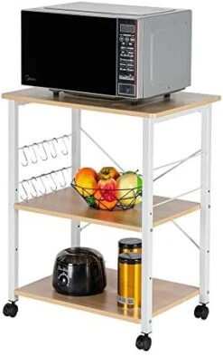 Belovedkai Kitchen Baker's Rack,3-Tiers Kitchen Storage Cart Table, Utility Storage Cabinet With Microwave Oven Stand And 10 Hooks For Kitchen, Living Room, Dining Room (Light Beige) -Safavieh Furniture 415yLnD0VJL. AC