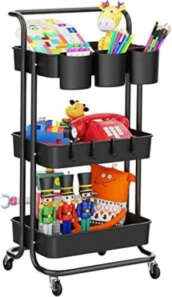 LEHOM 3-Tier Rolling Utility Cart With Hanging Cups & Hooks & Handle, Multifunctional Art Cart Organizer Storage With Wheels, Easy Assembly For Office, Bedroom, Kitchen, Bathroom, Laundry (White) -Safavieh Furniture 416EiH7k8FL. AC