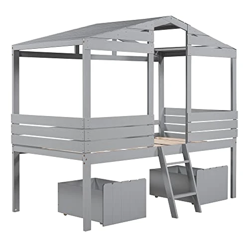 BIADNBZ Kids Low Loft Twin Size Wood House Beds Frame With 2 Drawers Windows And Roof For Boys Girls Teens, Space-Saving, Gray 4 BIADNBZ Kids Low Loft Twin Size Wood House Beds Frame With 2 Drawers Windows And Roof For Boys Girls Teens, Space-Saving, Gray - Image 4