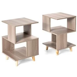 BZGKNUL 2 Pcs Asymmetrical Wooden Nightstand Set With Stable Thickened Board Solid Wood Structure Legs For Bedroom, Living Room, Sofa Couch, Hall