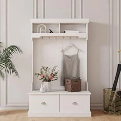 3-in-1 Entryway Hall Tree With Bench, Coat Rack Shoe Bench With 6 Double Hooks & 2 Drawers For Hallway, Living Room, White -Safavieh Furniture 416JqN7peuL. AC