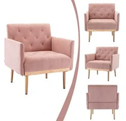 SLEERWAY Modern Velvet Single Sofa Chair, Upholstered Accent Living Room Chair, Comfy Armchair With Rose Golden Metal Legs, Tufted Chair For Reading Or Lounging (Pink) -Safavieh Furniture 416OK2xKXOS