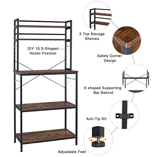 Karl Home Bakers Rack Microwave Oven Stand, Freestanding Kitchen Storage Shelf With 5 Tier Shelves 10 Side Hook, Vintage Coffee Bar Station Table Utility Retro Shelving Organizer Rustic Brown 66.9" H 4 Karl Home Bakers Rack Microwave Oven Stand, Freestanding Kitchen Storage Shelf With 5 Tier Shelves 10 Side Hook, Vintage Coffee Bar Station Table Utility Retro Shelving Organizer Rustic Brown 66.9" H - Image 4