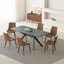 Jiexi Extendable Dining Table, Rectangular MDF Slate Stone Color Top With Steel Legs For 6-8 People, Modern Indoor Extendable 55'' To 71'' Dining Kitchen Table For Kitchen Room, Dining Room -Safavieh Furniture 416a7uxbcOL. AC
