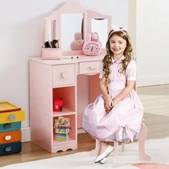 Kids Vanity, Girls Vanity Set With Mirror And Stool, Kids Vanity Set With Mirror Age 4-9, Toddler Vanity With Tri-Fold Mirror, 3 Drawers, 4 Storage Shelves (Pink) -Safavieh Furniture 416aDPCkV6L. AC