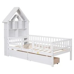 MERITLINE Twin Size Platform Bed With Drawer Wood Storage Bed Frame With House-Shaped Bookcase Headboard and Fence Guardrails For Kids,Boys,Girls(White) 18 MERITLINE Twin Size Platform Bed With Drawer Wood Storage Bed Frame With House-Shaped Bookcase Headboard and Fence Guardrails For Kids,Boys,Girls(White) -Safavieh Furniture 416bfmd5NyL