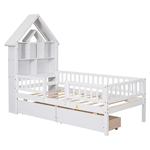 MERITLINE Twin Size Platform Bed With Drawer Wood Storage Bed Frame With House-Shaped Bookcase Headboard and Fence Guardrails For Kids,Boys,Girls(White) 5 MERITLINE Twin Size Platform Bed With Drawer Wood Storage Bed Frame With House-Shaped Bookcase Headboard and Fence Guardrails For Kids,Boys,Girls(White) - Image 5