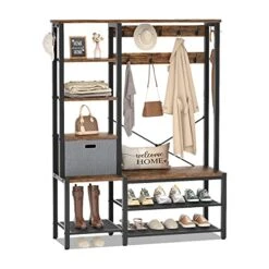 PIATAN Coat Rack Shoe Bench,Hall Tree Open Cabinet With Mesh Shoes Shelf,Freestanding Clothes Rack With 5-Tier Shelves And Side Hooks,Wood Look Accent Furniture For Home Entryway Bedroom,Rustic Brown