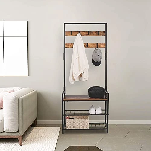 HOMEKOKO Coat Rack Shoe Bench, Hall Tree Entryway Storage Bench, Wood Look Accent Furniture With Metal Frame, 3-in-1 Design (Rustic Brown) 2 HOMEKOKO Coat Rack Shoe Bench, Hall Tree Entryway Storage Bench, Wood Look Accent Furniture With Metal Frame, 3-in-1 Design (Rustic Brown) - Image 2