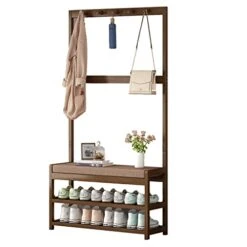Coat Rack, Hall Tree With Shoe Storage Bench, Entryway Bench With Shoe Storage, 3-in-1, Bamboo Frame, For Entryway, (Color : Brown, Size : 50 * 27 * 155cm)