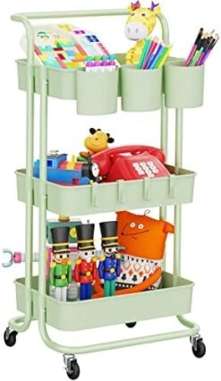 LEHOM 3-Tier Rolling Utility Cart With Hanging Cups & Hooks & Handle, Multifunctional Art Cart Organizer Storage With Wheels, Easy Assembly For Office, Bedroom, Kitchen, Bathroom, Laundry (White) -Safavieh Furniture 416rG6uejkL. AC