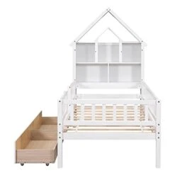 Twin Bed Frame With Storage Drawers, House Twin Platform Bed With Bookcase Headboard, Twin Low Loft Bed With Fence For Kids, Girls, Boys, Teens, No Box Spring Needed (White) -Safavieh Furniture 416u7hYWAkL 1