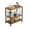 CubiCubi Baker's Rack Kitchen Cart, 3-Tier Utility Microwave Oven Rack On Wheels, Coffee Cart With Storage And 10 Hooks, Fir Brown