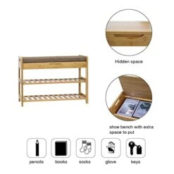 C&AHOME Shoe Bench Bamboo, 3-Tier Shoe Organizer With Cushion, Shoe Rack Bench For Entryway, Max Load 260 LBS, Removable Seat Cushion Bench, Ideal For Hallway, Living Room, Bedroom, Natural Color -Safavieh Furniture 4176DW78xKL