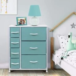 Dresser With 7 Drawers - Furniture Storage Chest For Kid’s, Teens, Bedroom, Nursery, Playroom, Clothes, Toys - Steel Frame, Wood Top, Tie-dye Fabric Bins (7-Drawer, Pastel Aqua)
