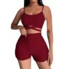 MatureGirl Womens 2 Piece Workout Sets Strappy Crop Top High Waisted Scrunch Shorts Yoga Outfits Outfits Women Dressy (Red, L)