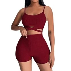 MatureGirl Womens 2 Piece Workout Sets Strappy Crop Top High Waisted Scrunch Shorts Yoga Outfits Outfits Women Dressy (Red, L)