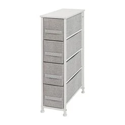 Flash Furniture Harris 4 Drawer Slim Wood Top White Cast Iron Frame Dresser Storage Tower With Light Gray Easy Pull Fabric Drawers