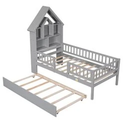 NCKMYB Twin Size Platform Bed With Storage Bookcase And Trundle, Kid Platform Bed With Fence Guardrails And House Shaped Headboard, For Boy Girl Toddler, Grey -Safavieh Furniture 417Zv3ASHVL