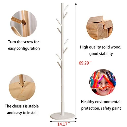 Coat Rack Wooden Coat Rack Free Standing Coat Tree With 8 Hooks Entryway Coat Hanger Stand With Round Base For Bags, Clothes, Umbrellas, Hats, In Home And Office (White) 2 Coat Rack Wooden Coat Rack Free Standing Coat Tree With 8 Hooks Entryway Coat Hanger Stand With Round Base For Bags, Clothes, Umbrellas, Hats, In Home And Office (White) - Image 2