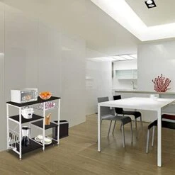 SSLine Kitchen Baker's Rack Microwave Oven Stand Cart Kitchen Island Utility Storage Shlelves With Hooks&Slide Out Basket Free Standing 3-Tier Spice Rack Organizer-35.4"L X 15.7"W X 33"H(Drak Brown) -Safavieh Furniture 417tDrORJnL 1