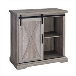 32" Farmhouse Sliding Barn Door Wood Accent Chest Home Coffee Station Buffet Storage Cabinet In Gray Wash