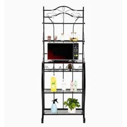 SSLine Modern Elegant Kitchen Baker's Rack 68" Tall Metal Microwave Oven Stand With Wood Top & Wine Stroage Shelf 5-Tier Carved Utility Shelving Unit Organizer For Kitchen Dining Room Laundry Room -Safavieh Furniture 417ynnX8NlS
