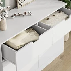 FOTOSOK 6 Drawer Dresser Double Dresser, White Dresser Modern Dresser For Bedroom, 6 Chest Of Drawers Wood Storage Organizer Dresser With Cut-Out Handles For Bedroom,Living Room, Hallway -Safavieh Furniture 418239rvILL