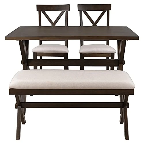 Merax Farmhouse Dining Table Set With Upholstered 2 X-Back Chairs And Bench For 4, Home Kitchen Wooden Furniture, Brown+Beige 2 Merax Farmhouse Dining Table Set With Upholstered 2 X-Back Chairs And Bench For 4, Home Kitchen Wooden Furniture, Brown+Beige - Image 2
