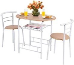 Giantex 3 Piece Dining Set Compact 2 Chairs And Table Set With Metal Frame And Shelf Storage Bistro Pub Breakfast Space Saving For Apartment And Kitchen (White & Natural) -Safavieh Furniture 418FjbcA2zL. AC