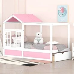 DEINPPA Twin Size House Bed With Drawer, House Platform Bed With Roof And Window, Cute Montessori Bed For Toddlers Kids Boys Girls