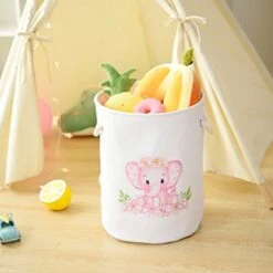 INough 2 Pack Laundry Baskets Pink Hamper Elephant Basket For Kids, Baby Laundry Basket,Large Collapsible Laundry Hamper With Handles Waterproof Round Linen Storage Basket For Toddler
