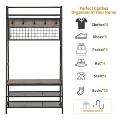 O&K FURNITURE Entryway Hall Tree Coat Rack, 5 In 1 Hall Tree With 3-Tier Storage Bench, Multifunctional Entry Organizer With 11 Hooks For Mudroom, Hallway, Foyer-Gray Finish 13 O&K FURNITURE Entryway Hall Tree Coat Rack, 5 In 1 Hall Tree With 3-Tier Storage Bench, Multifunctional Entry Organizer With 11 Hooks For Mudroom, Hallway, Foyer-Gray Finish -Safavieh Furniture 418fnyH9sRL