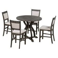 RUNWON Farmhouse 5-Piece Round Table Set With Trestle Legs And 4 Upholstered Dining Chairs-Rustic Furniture, Gray -Safavieh Furniture 418ih4e253L