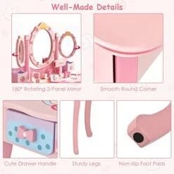 HONEY JOY Kids Vanity, Strawberry Princess Wooden Makeup Dressing Table & Chair Set W/Real Glass Tri-Fold Oval Mirror & Accessories, Detachable Top, Pretend Play Vanity Set For Little Girls(Pink) -Safavieh Furniture 418ofDQj4XL