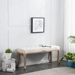 XRHOM Foot Stools Ottoman Entryway Bench Vanity Stool Shoe Bench Upholstered Dining Room Bench Foot Rest With Carved Pattern Solid Rubber Wood Legs For Bedroom, Beige 12 XRHOM Foot Stools Ottoman Entryway Bench Vanity Stool Shoe Bench Upholstered Dining Room Bench Foot Rest With Carved Pattern Solid Rubber Wood Legs For Bedroom, Beige -Safavieh Furniture 418txKMpw9L