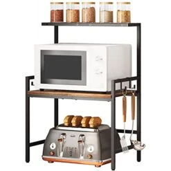HOOBRO Microwave Oven Rack, Microwave Stand Countertop, Kitchen Countertop Shelf Organizer, Microwave Shelf With Hooks, Space Saver, For Kitchen, Living Room, Rustic Brown And Black BF09HB01
