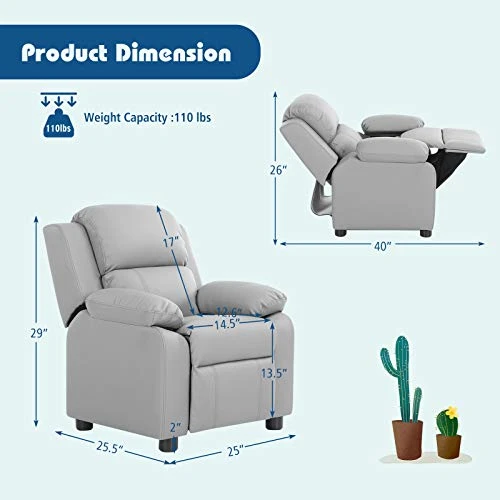 HONEY JOY Kids Recliner, 2-in-1 Toddler Lounge Chair With Armrest Storage, Adjustable Footrest & Headrest, Child-Size Kids Recliner Chair For Boys Girls 3+ Age Group (Gray) 3 HONEY JOY Kids Recliner, 2-in-1 Toddler Lounge Chair With Armrest Storage, Adjustable Footrest & Headrest, Child-Size Kids Recliner Chair For Boys Girls 3+ Age Group (Gray) - Image 3